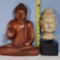 Carved Wooden Buddha Statue and Resin Cast Buddha Head Mounted on Stand