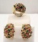 14K Yellow Gold Emerald, Diamond, Ruby & Sapphire Ring & Matching Clip Earrings