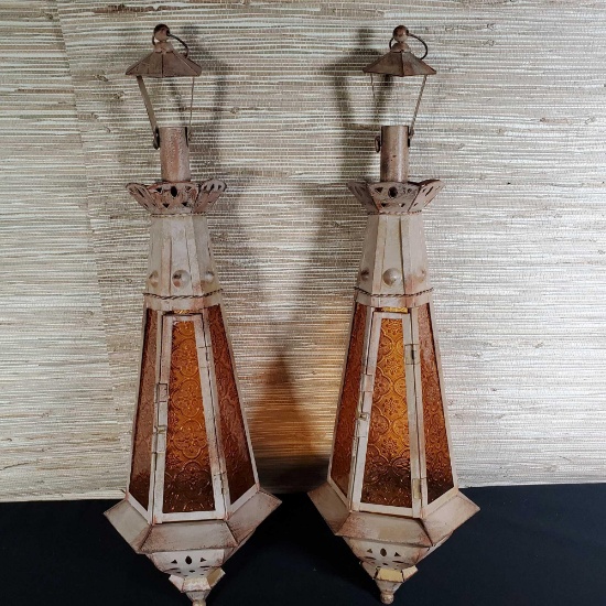 Pair Of Painted Tin And Pressed Amber Glass Pendant Swag Candle Lamps