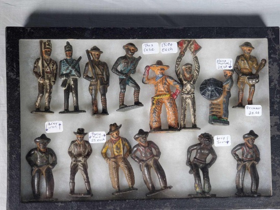 Case of 14 Grey Metal Cast Iron Cowboys, Indians, Toy Soldiers and More