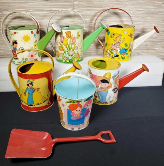 5 Vintage Tin Litho Watering Cans & Sand Bucket w/ Shovel