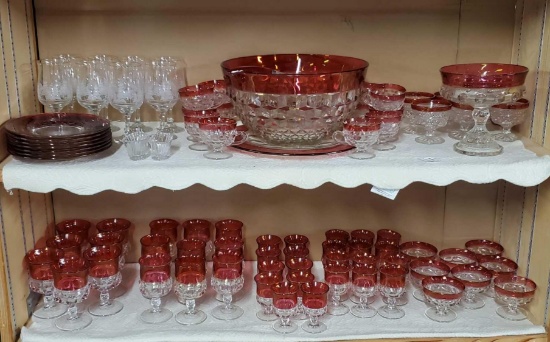 2 Shelves full of Ruby Flash Kings Crown Glassware and Related Patterns