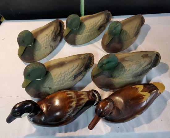 7 Carved Wood and Carry-Lite Dura-Beak Fiber Duck Decoys