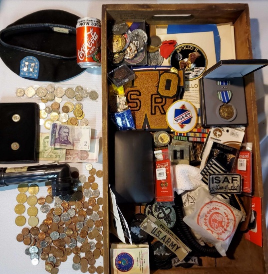 Case Lot of Military, Fraternal, Varsity Patches, Foreign Coins and more