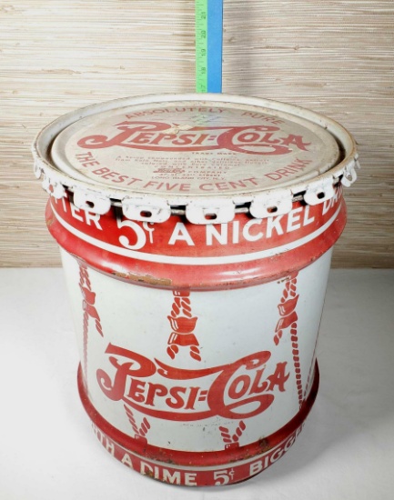 Vintage 10 Gallon Metal Pepsi-Cola Soda Syrup Drum w/ Lid