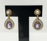 14k Gold Amethyst & Seed Pearl Dangle Earrings by Naomi