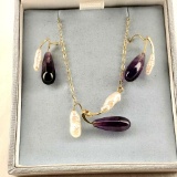 14K Yellow Gold Amethyst & Fresh Water Pearl Necklace with Matching Earrings