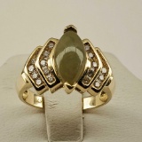 14K Yellow Gold With Green Jade & Diamonds Ring