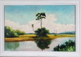 Hezekiah Baker Florida Highwayman Oil on Upson Board Painting of Cypress Stand