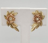 14k Gold Tri-Color Rose Pierced Earrings