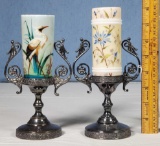 2 Hand Painted Opaline Smith Bros/ Mt Washington Glass Cylinder Vases with SP Holders