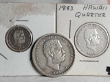 1883 Kalakaua I King of Hawaii Silver Half Dollar, Quarter and Dime