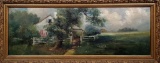 Antique Oil On Canvas Painting of Country Cottage Landscape