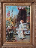 Oil on Canvas Painting of Girl with Sunflowers by D Nattier