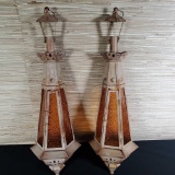 Pair Of Painted Tin And Pressed Amber Glass Pendant Swag Candle Lamps