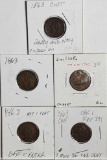 5 1863 and 1864 CWT Civil War Tokens with Flag, 2 Lady Liberty, Monitor and Indian Princess