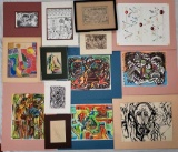 Tray of 14 Phyllis Trager Hyman Original Matted and Framed Drawings, Watercolors, Print and More