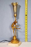 Art Deco Gold Gilt Copper Clad Over Chalk Ball Dancer Table Lamp With Hand Blown Shade By Zephyr
