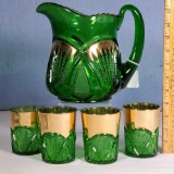 Heisey Emerald Glass EAPG #900 Pineapple and Fan 5 Pc Beverage Set with Gold Wash Accents