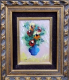 Enamel on Copper Still Life Flower Vase in Double Frame