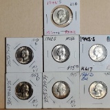 7 MS/ Uncirculated Quality Silver Washington Quarters, 1945 to 1961