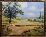 1925 Oil on Canvas Painting of Mountain and Field Landscape signed Lightner