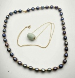 14k Gold Necklace w/ Jade Bead Pendant & Purple Freshwater Pearl Necklace