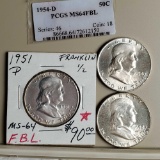 3 High Grade Franklin Silver Half Dollars - 1951, 1952 and 1954-D