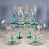 13 Pcs US Glass Shawl Dancer Etch- 4 Waters, 4 Sherbets and 5 Dessert Plates