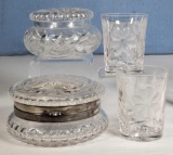 Pairpoint Wheel Cut Crystal Dresser Box, Jar and 2 Tumblers