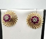 Pair of 14k Gold Diamond & Ruby Pierced Earrings