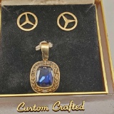 14k Gold Mercedes Benz Logo Screw Back Earrings & Pendant With Blue Stone