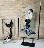 2 Signed Stained Glass Mermaid Panels