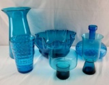 6 Pieces Of Blue Mid Century Modern Glass Table Wares