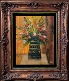 1967 Vanguard Studios Oil on Canvas Retro Vintage Still Life of Flowers signed Stuart