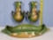 Roseville Green Glaze Snowberry Console Bowl and Pair of Vases (1 Chipped)