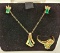 3 Piece 14K Yellow Gold & Emerald Earrings, Ring, & Pendent with 9k Gold Chain