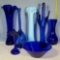 7 Blue Art Glass Vases and Bowl