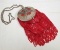 1920's Red Glass Seed Bead Purse w/ Round Hinge Lid and Chain Strap