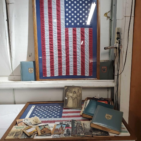 Lot Of USA Military WWII Veteran Scrap Books, Photos & 2 Framed USA Flags Flown Over USS Arizona