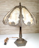 Antique Slag Glass Shade Lamp w/ Reeded Pillar Base