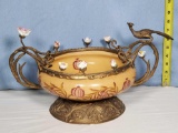 Ceramic/ Porcelain Center Bowl with Flowing Bronze Naturalistic Handles with Perchimg Pheasants and