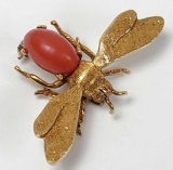 Vintage 18k Gold Bee Pin with Coral