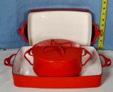 Dansk Koben Style Red Enamel Covered Pot and 2 Baking Dishes