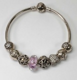 Authentic Sterling Silver Pandora Bangle Bracelet w/ 8 Pandora Charms