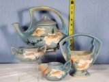 Roseville Magnolia Blue Glaze 3 pc Tea Set and Basket