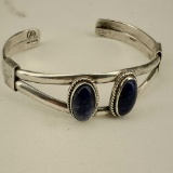 Sterling Silver Cuff Bracelet With 2 Cabochon Lapis Stones.