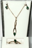 14K Yellow Gold, Emerald & Diamond Pendent, Ring & Earrings