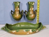 Roseville Green Glaze Snowberry Console Bowl and Pair of Vases (1 Chipped)