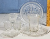 7 Pcs Hard to Find Iris and Herringbone Clear Crystal Depression Glass by Jeanette Glass Co